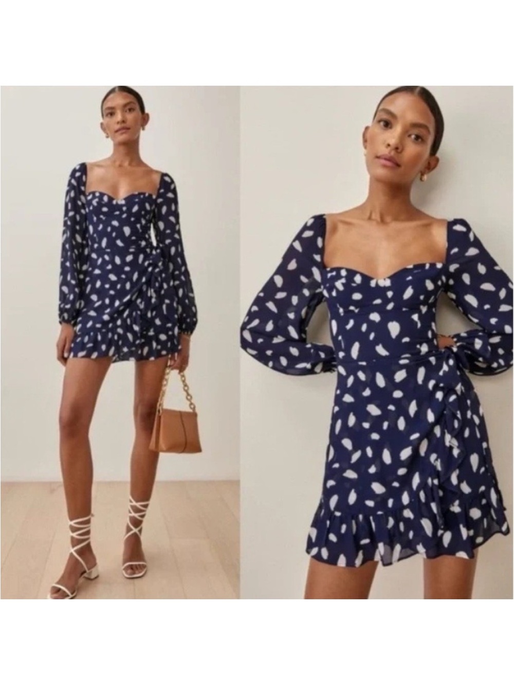 Reformation Cammie Navy Polka Dot Mini Dress Puff Sleeve Ruffle Hem Size 4